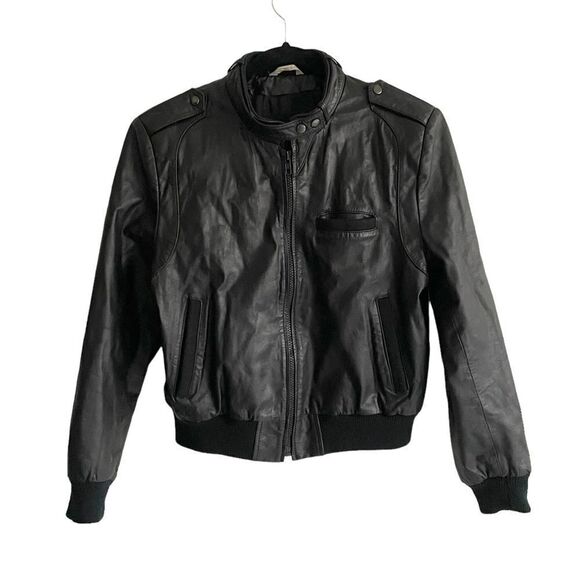 Ada Black Leather Zip Front Long Sleeve Moto Bomber Jacket M - Picture 1 of 9